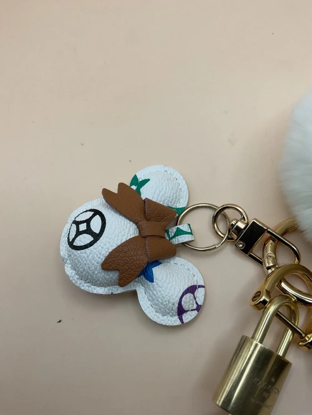 Monogram Leather Strap Keychain with Louis Vuitton Gold Lock and White Pom Pom - Picture 4 of 5